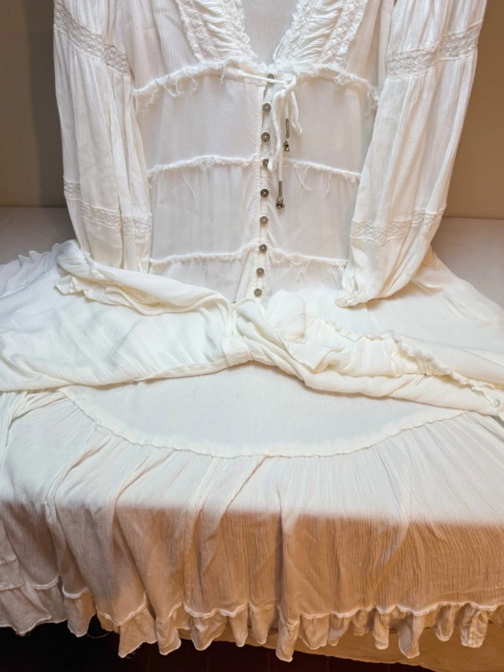 Free People Cassis Ivory Gauze and Lace Midi Dress Wedding Bohemian Size M